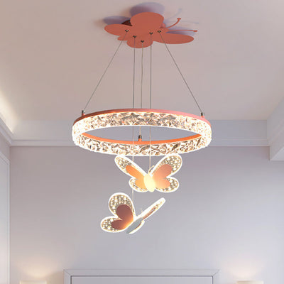 Contemporary Creative Kids Round Butterfly Iron Acrylic LED Chandelier For Bedroom