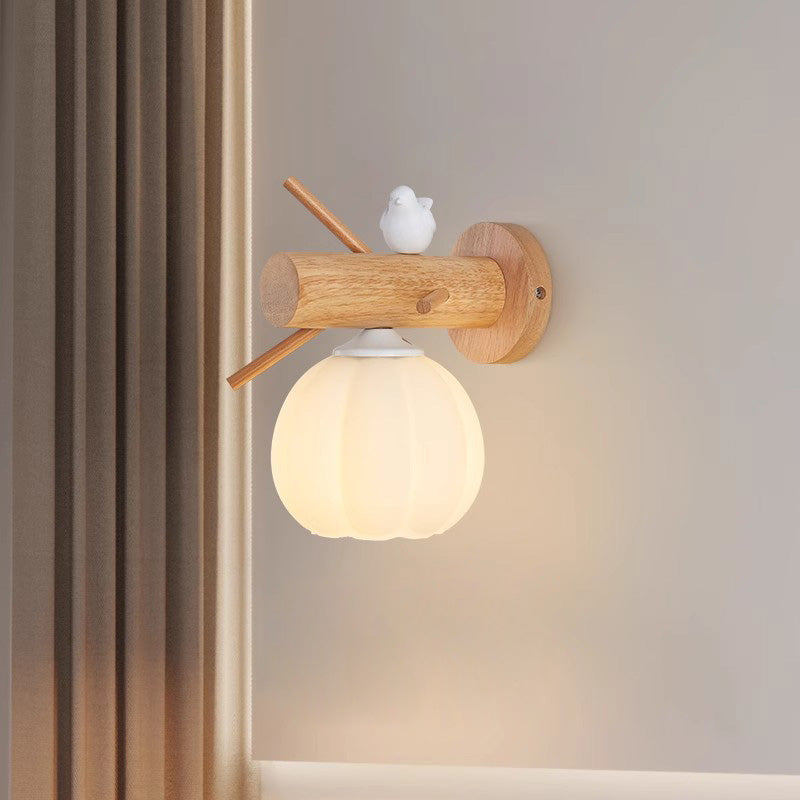 Traditional Farmhouse Solid Wood Flower Bud Glass Shade 1-Light Wall Sconce Lamp For Bedroom