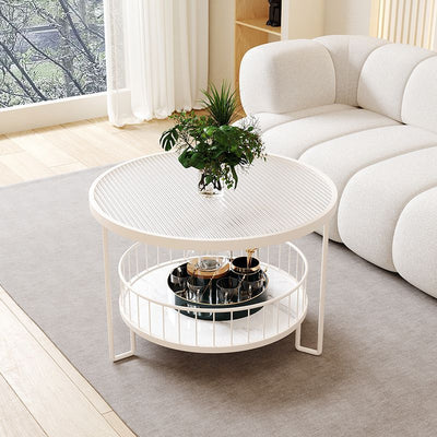 Modern Minimalist Round Tabletop Iron Tempered Glass Coffee Table 1-Shelf For Living Room