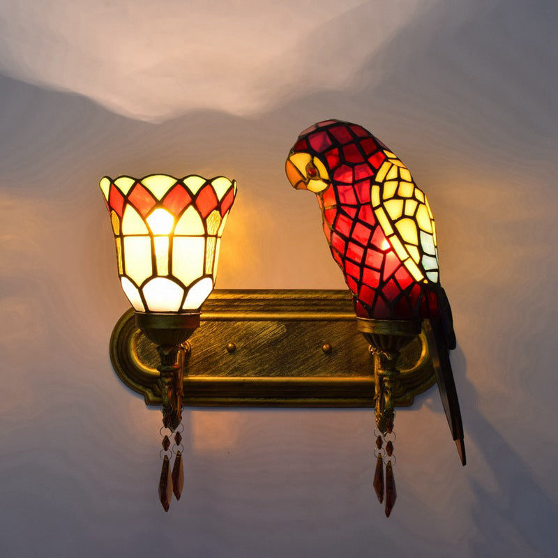 Traditional Tiffany Parrot Stained Glass Crystal String 2-Light Wall Sconce Lamp For Living Room