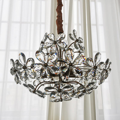 Traditional French Copper Iron Crystal Flower Hemispheric 6/8 Light Chandeliers For Bedroom