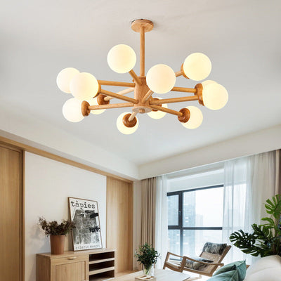 Modern Mid-century Rubberwood Branch Frame Glass Magic Bean 6/8/12-Light Chandelier For Bedroom