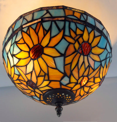 Traditional Tiffany Dome Sunflower Iron Glass 2-Light Semi-Flush Mount Ceiling Light For Hallway