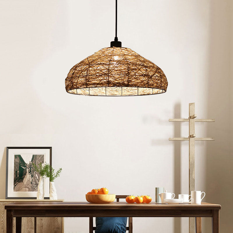 Traditional Chinese Rattan Weaving Round Shade 1-Light Pendant Light For Dining Room