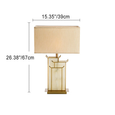 Traditional Chinese Fabric Square Shade Marble Base 1-Light Table Lamp For Home Office