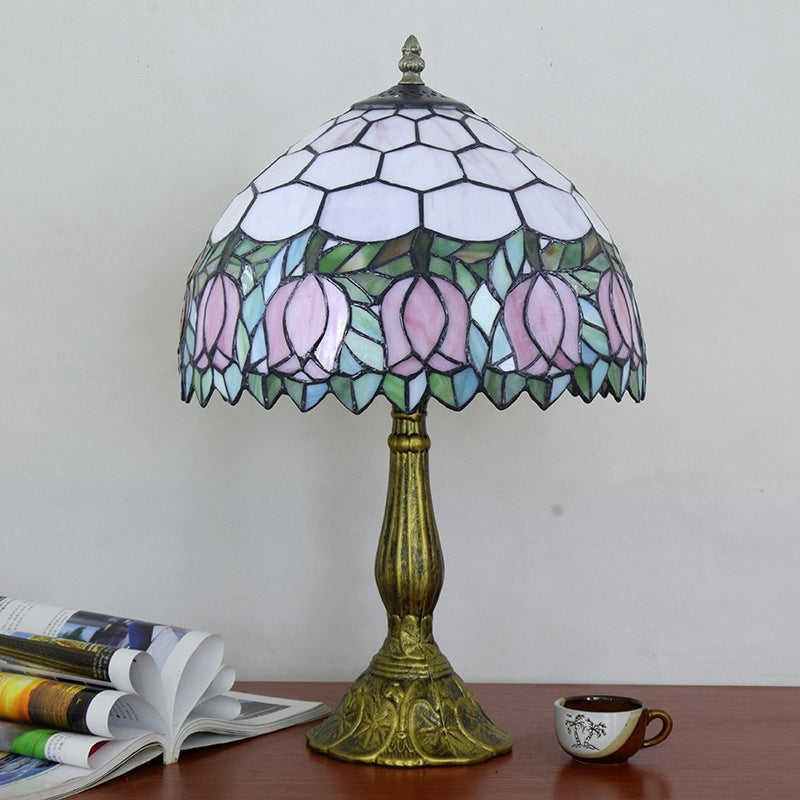 Traditional Tiffany Tulip Floral Aluminum Stained Glass 1-Light Table Lamp For Bedroom