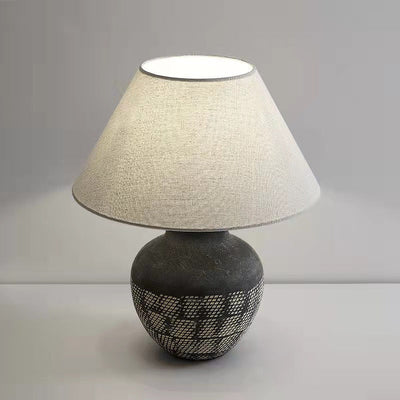 Traditional Japanese Vintage Cone Fabric Round Ceramic Jar Base 1-Light Table Lamp For Bedroom