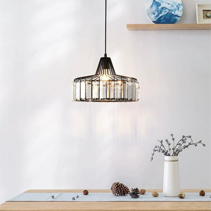 Contemporary Luxury Iron Cylinder Frame Crystal Shade 1-Light Pendant Light For Living Room