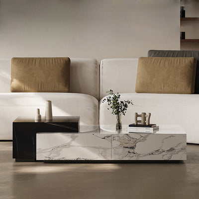 Modern Minimalist Rectangular Square Rock Plate Wood Coffee Table 4-Drawer For Living Room