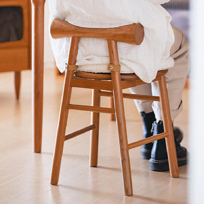 Tabouret de coiffeuse rond en bois et laine d'agneau de simplicité moderne avec dossier et repose-pieds pour chambre 