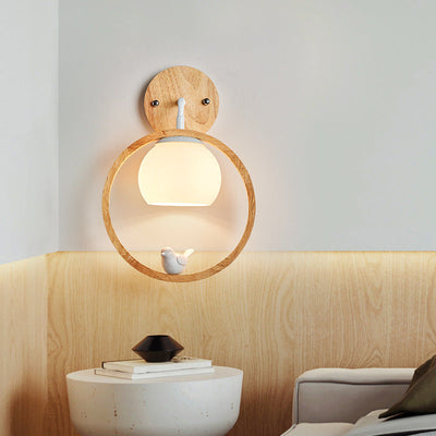 Contemporary Scandinavian Round Bird Wood Glass 1-Light Wall Sconce Lamp For Bedroom