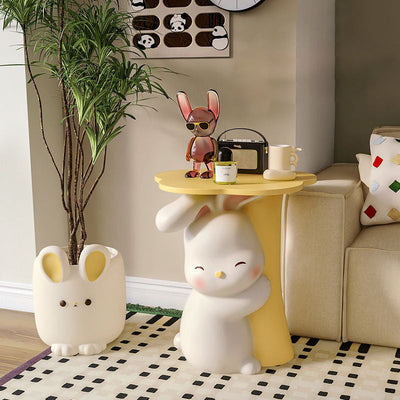 Contemporary Creative Kids Flower Rabbit Resin Wood End Table 1-Tray For Bedroom