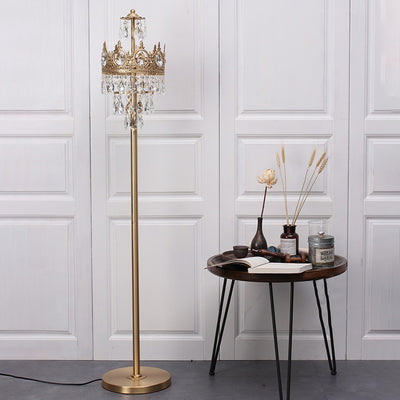 Traditional Luxury Copper Brass Crystal Crown Pendant 3-Light Standing Floor Lamp For Bedroom