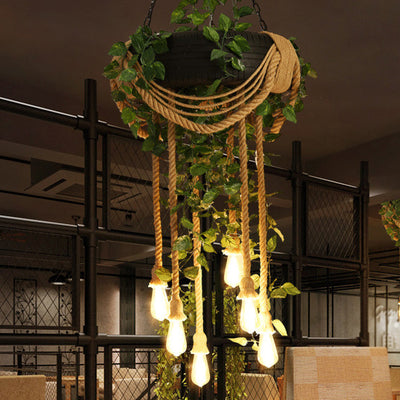 Contemporary Creative Tire Floral Decor Hemp Rope 6-Light Chandelier For Entertainment Rooms