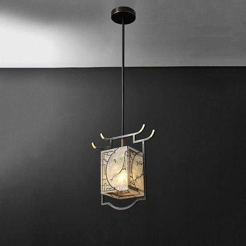 Traditional Chinese Quadrilateral Copper Lucite Enameled 1 Light Pendant Light For Living Room