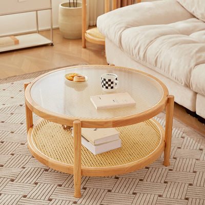 Modern Minimalist Round Solid Wood Glass Rattan Coffee Table 2-Tier For Living Room