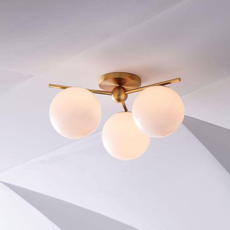 Contemporary Nordic Ball Branch Iron Copper Glass 3/6 Light Semi-Flush Mount Ceiling Light For Living Room