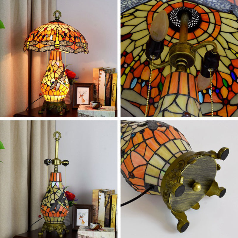 Traditional Tiffany Round Umbrella Shaped Aluminum Stained Glass 3-Light Table Lamp For Bedroom