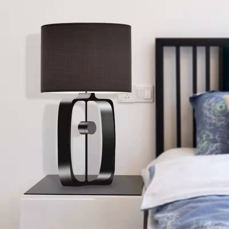 Traditional Chinese Rectangular Cylinder Hollowed Out Iron Fabric 1-Light Table Lamp For Bedroom