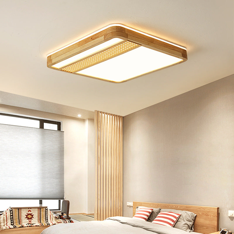 Modern Minimalist Square Solid Wood Acrylic LED Flush Mount Ceiling Light For Living Room