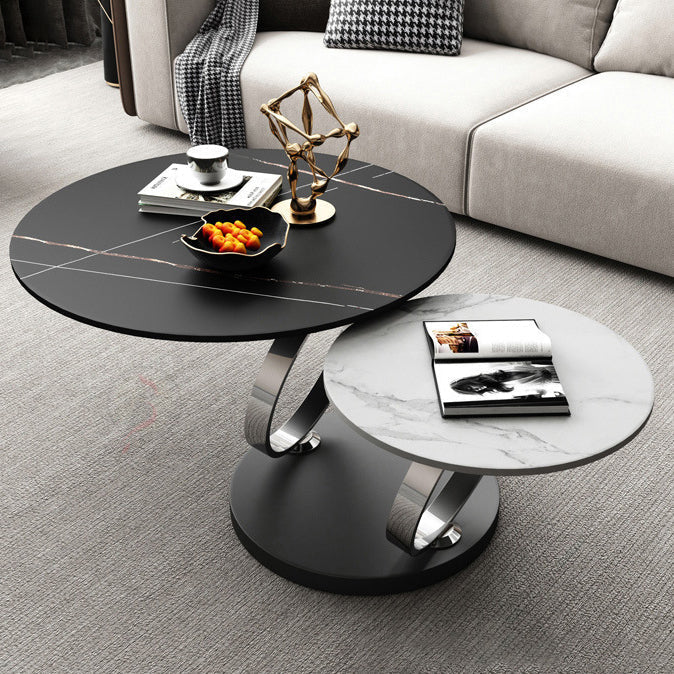 Contemporary Nordic Round Slab Stainless Steel Coffee Table 2-Shelf For Living Room