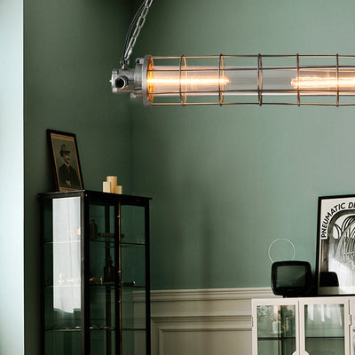 Contemporary Industrial Cylinder Grid Iron Glass 2-Light Island Light Chandelier For Dining Room