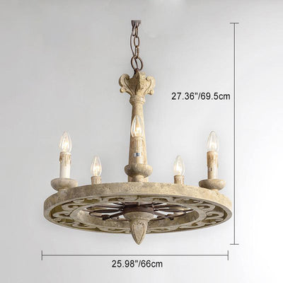 Traditional Farmhouse Distressed Wood Candlestick Iron Round 6-Light Chandelier For Living Room