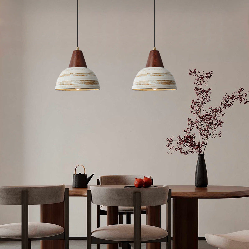 Contemporary Retro Ceramic Bowl Shape Wood 1-Light Pendant Light For Living Room