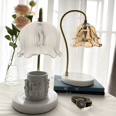 Modern Art Deco Flower Glass Shade Marble Base 1-Light Melting Wax Table Lamp For Bedroom