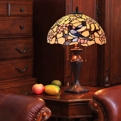 Traditional Tiffany Half Ball Magpie Plum Flower Iron Glass 2-Light Table Lamp For Bedroom