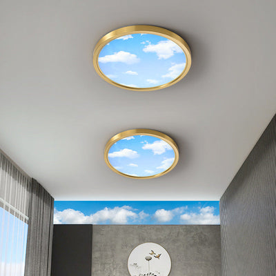 Modern Simplicity Full Copper Blue Sky Cloud Design Round Acrylic Shade LED Flush Mount Ceiling Light For Living Room