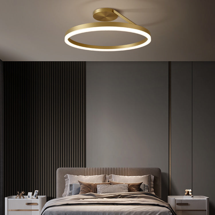 Modern Minimalist Full Copper Curved Line Round Shade LED Semi-Flush Mount Ceiling Light For Living Room