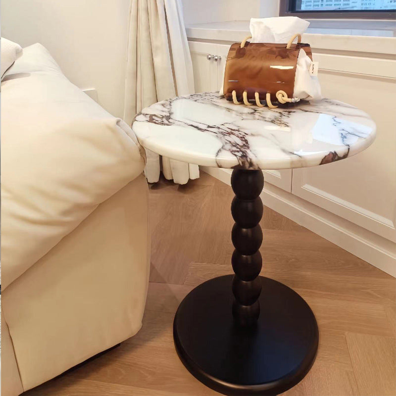 Traditional French Round Marble Wood End Table 1-Tier For Living Room