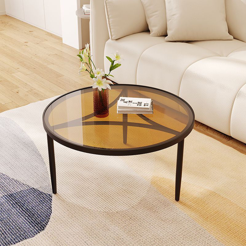 Contemporary Nordic Round Glass Top Iron 3-Leg Coffee Table For Living Room