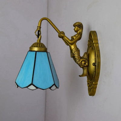 Traditional Tiffany Cone Hardware Stained Glass 1-Light Wall Sconce Lamp For Bedroom