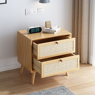 Modern Simplicity Square Solid Wood Rattan Weaving Side Table 2-Drawer For Living Room