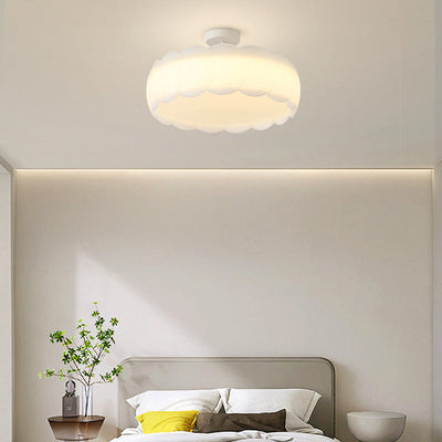 Modern Minimalist Cream Round Lace Hardware PE LED Semi-Flush Mount Ceiling Light For Bedroom