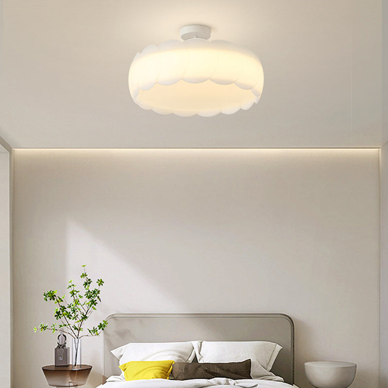 Modern Minimalist Cream Round Lace Hardware PE LED Semi-Flush Mount Ceiling Light For Bedroom