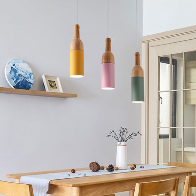 Lustre nordique moderne minimaliste en forme de bouteille de vin, en fer et en aluminium, en bois massif, à 3 lumières, luminaire d'îlot 