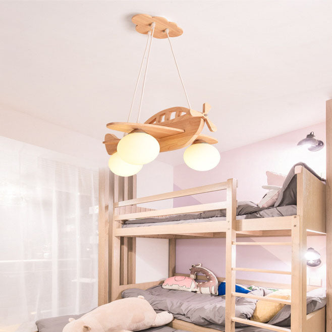 Contemporary Creative Rubberwood Aircraft Design Glass 3-Light Kids Chandelier For Bedroom