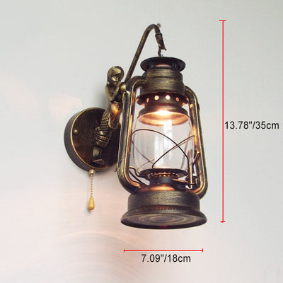 Traditional Vintage Iron Glass Cylinder Kerosene Lantern Mermaid 1-Light Wall Sconce Lamp For Hallway