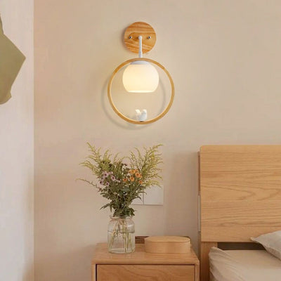 Modern Minimalist Circle Bird Wood Glass 1-Light Wall Sconce Lamp For Bedroom