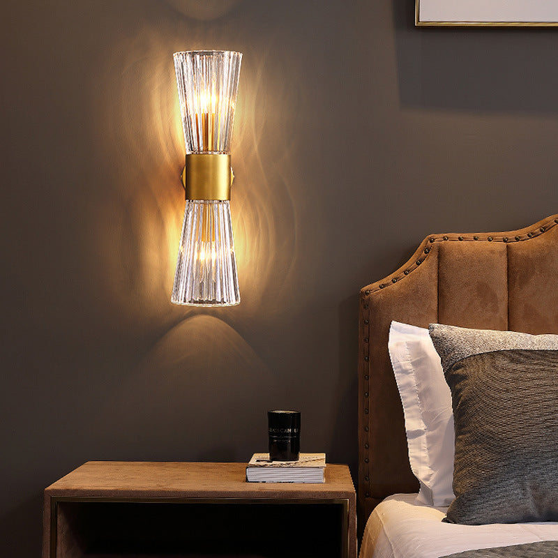 Contemporary Luxury Ribbed Crystal Up And Down Luminous 2-Light Wall Sconce Lamp For Bedroom