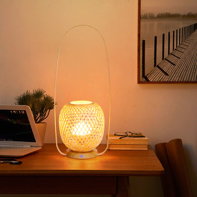 Traditional Japanese Bamboo Weaving Cage Portable LED USB Table Lamp For Bedroom