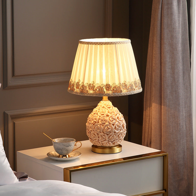 Contemporary Creative Rose Vase Base Cylinder Copper Ceramic Fabric 1-Light Table Lamp For Bedroom