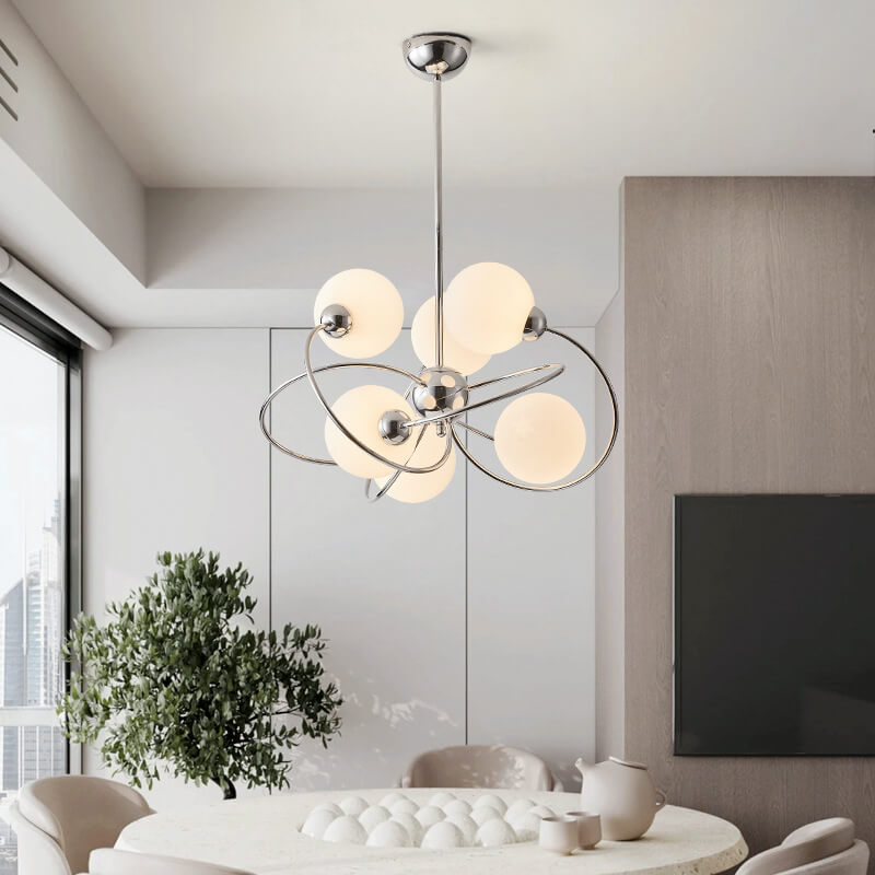 Modern Mid-Century Milk White Glass Ball Chrome Ring 6-Light Chandelier For Living Room