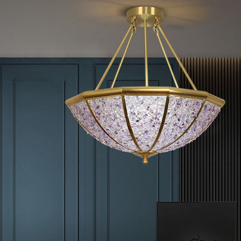 Modern Luxury Copper Frame Crystal Round Shade 5-Light Chandelier For Living Room