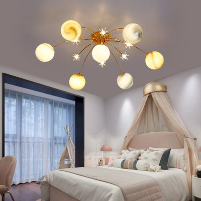 Contemporary Creative Starry Sky Moon Iron Glass 13-Light Semi-Flush Mount Ceiling Light For Bedroom