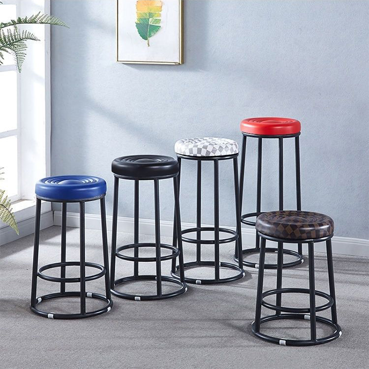 Tabouret de bar rond en cuir, acier au carbone, coton, métal avec repose-pieds pour cuisine 