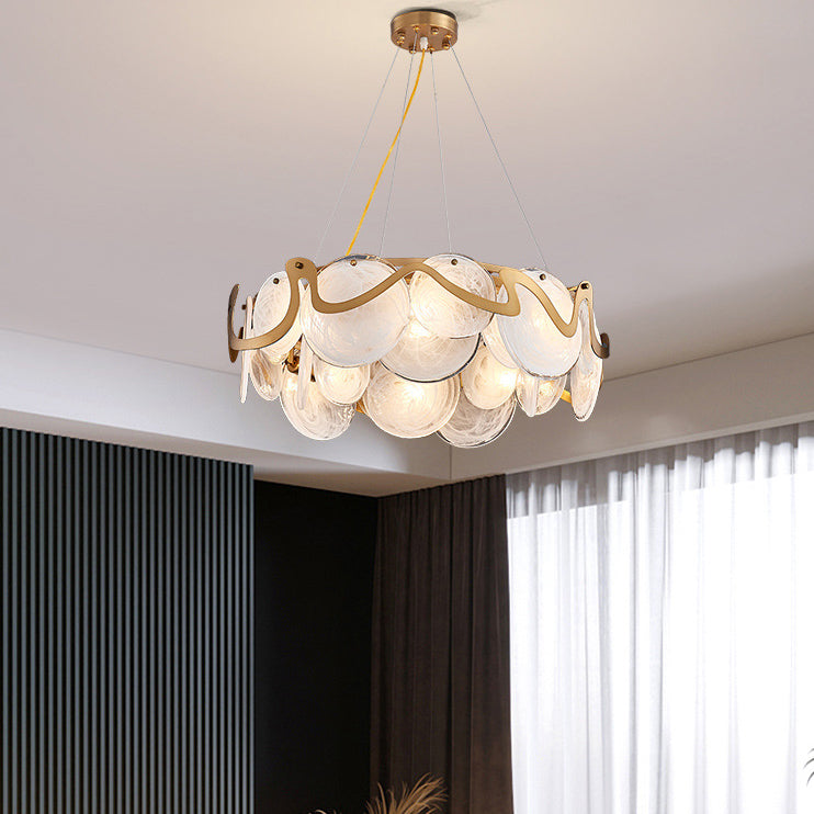 Contemporary Luxury Gold Finish Frame Cloud Texture Glass Disc 8/10-Light Chandelier For Living Room